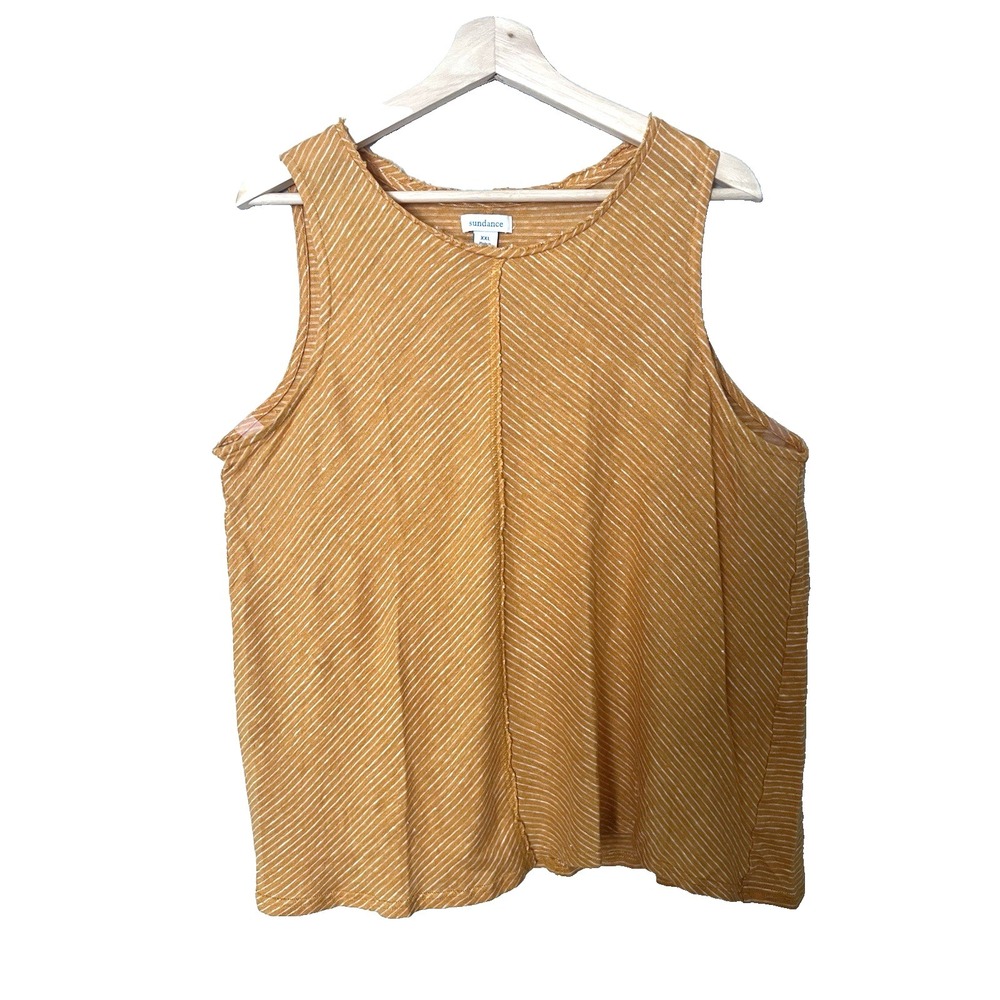 Sundance Yellow  100% Linen Sleeveless Striped Linen Top Size XXL Boho Lagenlook